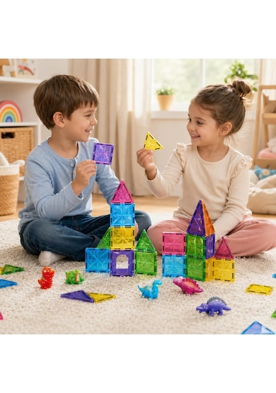 Vardem 67 Parça Manyetik Blok Oyuncak Seti, 7.5 Cm Büyük Parçalı Mıknatıslı Kale Yapım Oyuncağı, Dinozor Figürlü Renkli Manyetik İnşa Seti, Çocuklar İçin Eğitici Stem Oyuncak, Cpl108