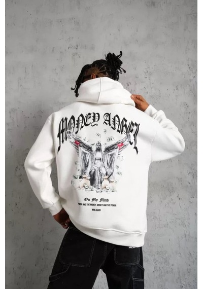 Yake Store Erkek Kordon İpli Baskılı Kapüşonlu Sweatshirt - Beyaz - Beyaz