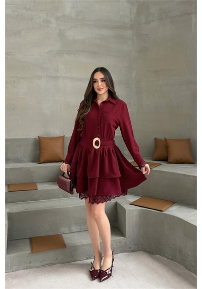 Neşeli Butik Kadın Bordo Gömlek Yaka Gold Tokalı Dantel Detaylı Kat Kat Mini Elbise Nbelb07 Bordo Neşeli Butik Kadın Bordo Gömlek Yaka Gold Tokalı Dantel Detaylı Kat Kat Mini Elbise Nbelb07 Bordo