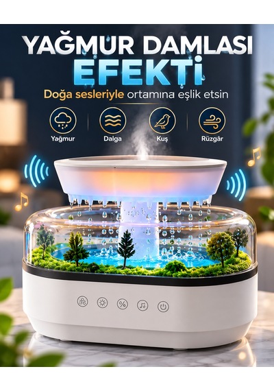 Yağmur Damlası Efektli Aroma Difüzör Hava Nemlendirici Orman Manzaralı Dekoratif Esansiyel Yağ Uyumlu Dokunmatik Tuşlu Ofis Yatak Odası