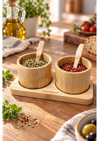 Atbyhome Bambum 5 Parça Bambu 2'li Baharatlık Seti - Kaşıklı Masa Üstü Baharat Kasesi Ve Servis Standı Sunumluk