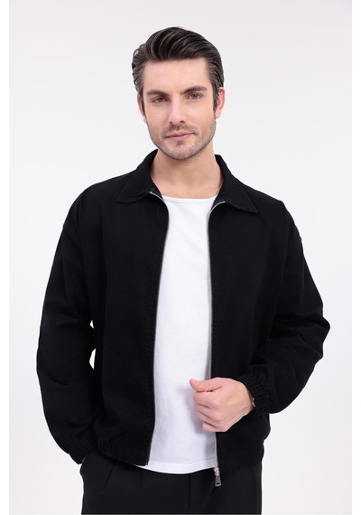 Erkek Gabardin Kumaş Fermuarlı Oversize Mevsimlik Ceket-144 Siyah
