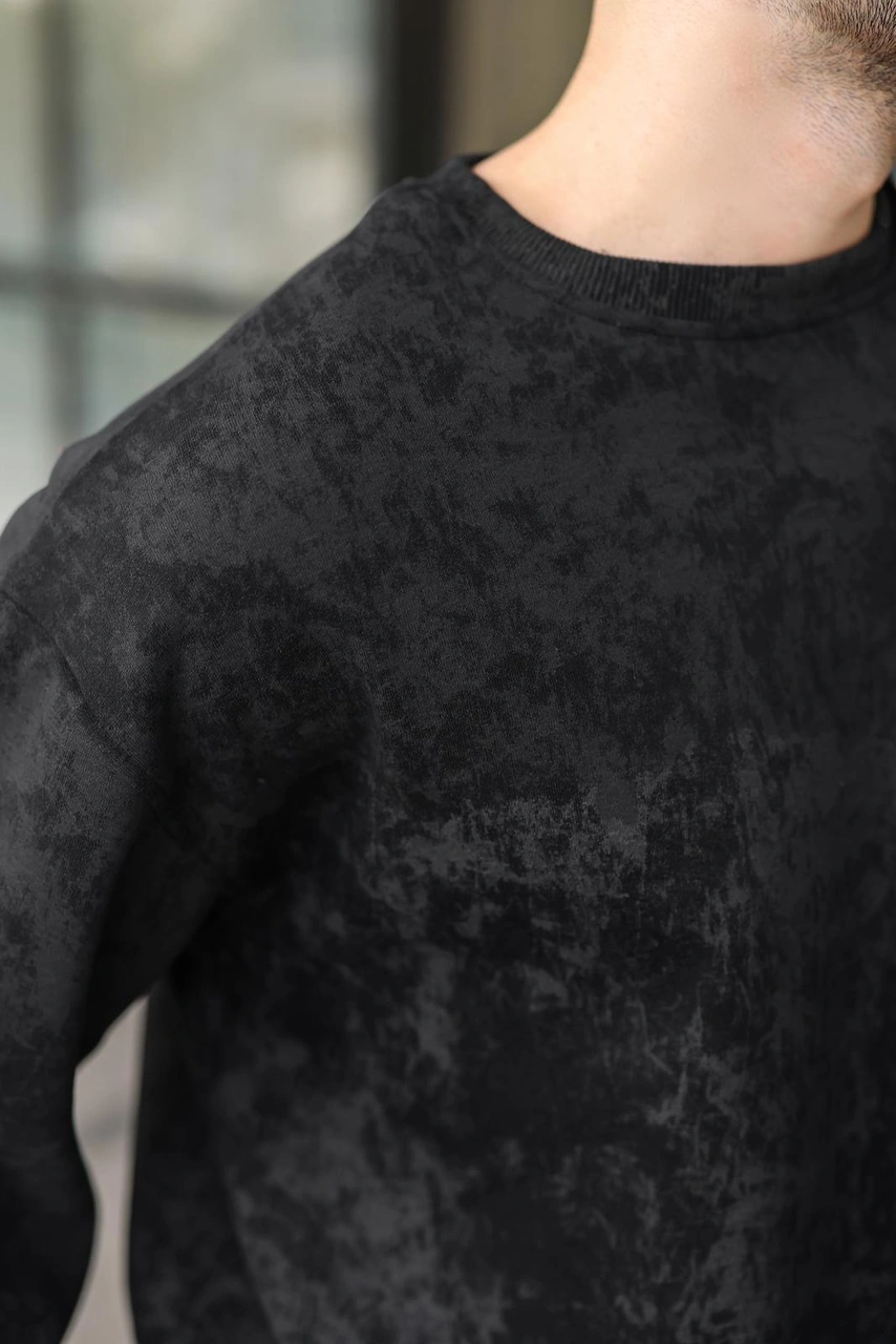 Madmext Siyah Bisiklet Yaka Batik Desenli Erkek Sweatshirt Pantolon Takım E7344 Siyah