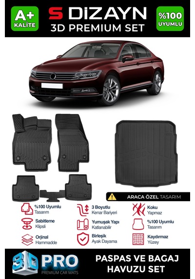 S-dizayn Vw Passat B8 3d Pro Havuzlu Paspas Ve Bagaj Havuzu Seti 2'li Set 2015-2019 A+ Kalite