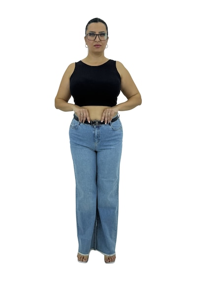 Büyük Beden Denim Kemerli Yüksek Bel Toparlayıcı Bol Paça Kadın Pantolon Mavi