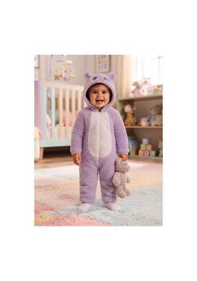 Chicsy Baby Tatlı Kız Bebek Welsoft Tulum Kuş Civciv Nakışlı Kulaklı Kapüşonlu Fermuarlı Peluş Kışlık Bebek Tulumu Lila