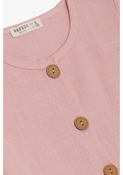 Breeze Kız Çocuk Keten Elbise Düğmeli Yanları Cepli 6-12 Yaş, Pembe-pembe Pembe