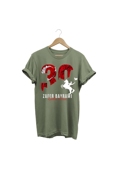 Atatürk 30 Ağustos Zafer Bayramı Bayrak Baskılı %100 Pamuk Regular Fit Haki T-shirt Haki