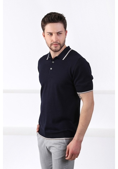 Ferraro Laci/Beyaz Yaka Şerit Düğmeli Erkek Pamuk Triko T-Shirt