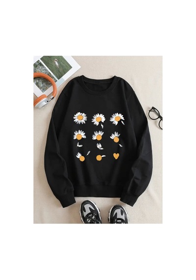 Herkesemoda Papatya Desen Detaylı Bisiklet Yaka İçi Polarlı Sweatshirt Siyah