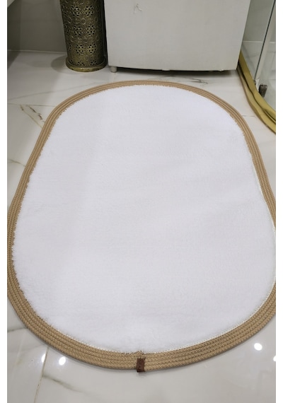 Kaymaz Taban Puffy Peluş Ultra Yumuşak 50x70 Cm Bordürlü Şık Tasarım, Suya Dayanıklı Banyo Paspası Beyaz-bej