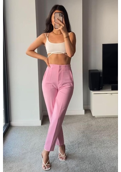 Madmext Pembe Önü Biyeli Yüksek Bel Kadın Pantolon Mg2425 Pembe