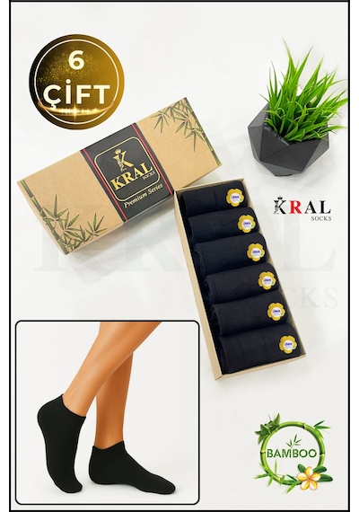Kral Socks Kadın Bambu Çorap 6 Çift Renkli Hediye Kutulu Patik Kadın Çorap Siyah