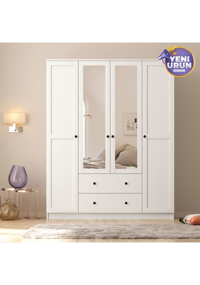 Side 4 Kapak 2 Çekmece Aynalı Mega Gardırop Beyaz