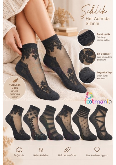 Footmania Kadın Desenli Tül Çorap Seti 6 Çift Siyah