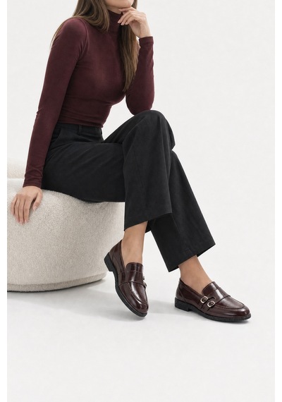 Luvi Shoes Daly Bordo Kırışık Rugan Hakiki Deri Tokalı Kadın Loafer Ayakkabı