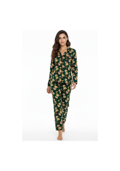 Luxury Soft Yeşil Yılbaşı Ayıcık Desenli Uzun Kollu Kadın Pijama Takımı 3065 Haki