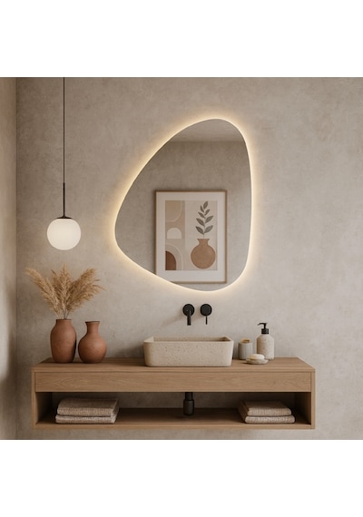 40x55 Cm Modern Asimetrik Led Banyo Aynası Dokunmatik Sensörlü, Dimmerli, 3000k Günışığı Sarı