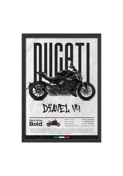 Ducati Diavel V4 Siyah Ahşap Çerçeveli Poster, Dekoratif Motosiklet Duvar Tablosu