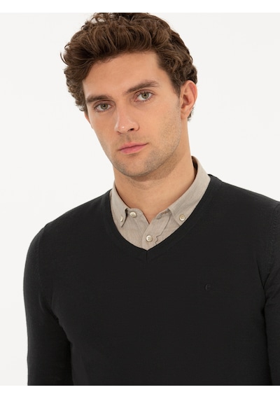Cacharel Siyah Slim Fit V Yaka Basic Triko Kazak