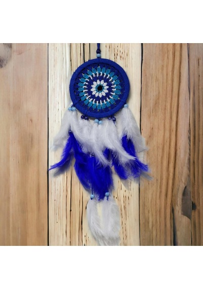 Nazar Boncuğu Desenli Bol Kuş Tüylü Lacivert Dream Catcher El Yapımı Duvar Dekoru