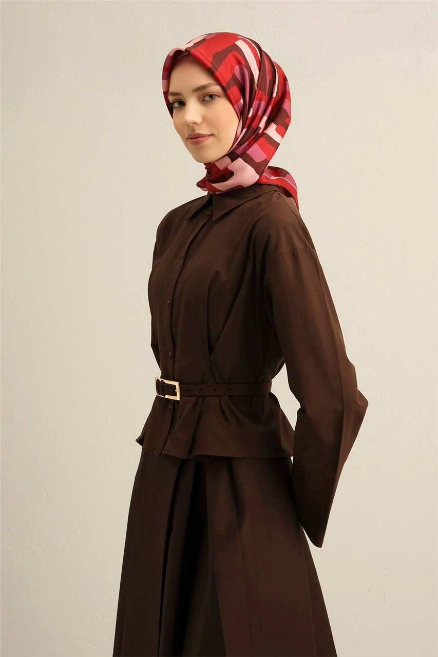 Armine Geometrik Desenli Saf İpek Twill Eşarp 9303d 83 Bordo