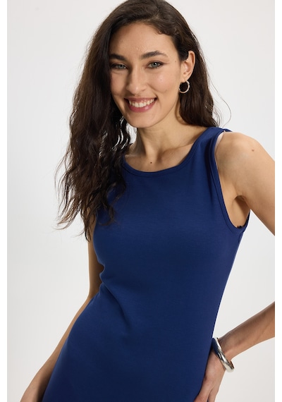 Tudors Kadın Slim Fit Dar Kesim Pamuklu Sıfır Kol Bisiklet Yaka Saks Mavi Elbise-50481