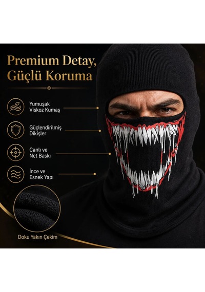 Unisex Canavar Diş Baskılı Balaklava 1 Adet Tek Beden Viskoz Kask İçi Motosiklet Maskesi 1 Siyah