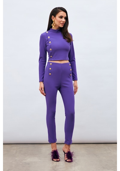 Sateen Düğme Detaylı Pantolon - Mor-132977 Mor
