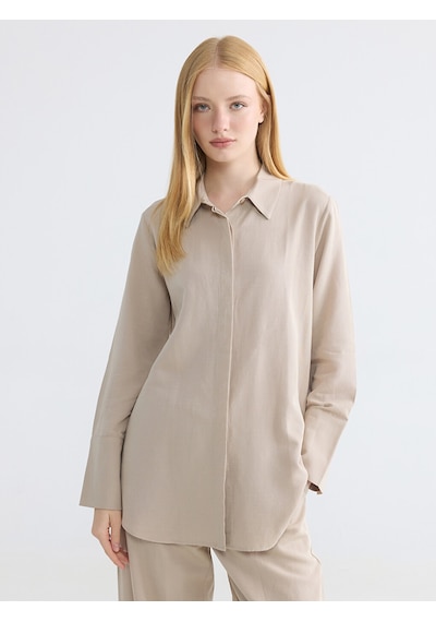 Lcw Modest Bej Oversize Keten Karışımlı Kadın Gömlek Tunik