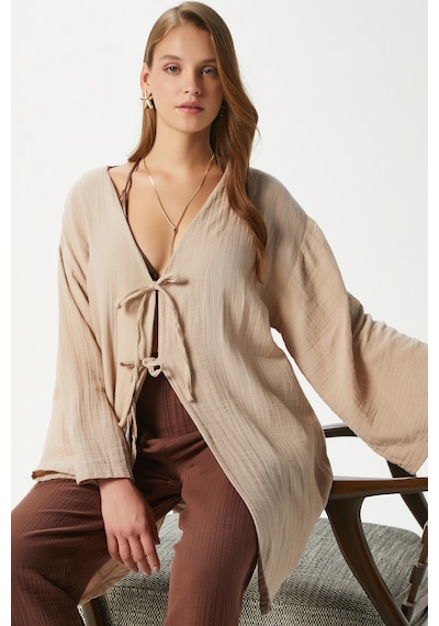Ritnice Kadın Sandra %100 Pamuk Müslin Bağcıklı Bej Kimono Bej
