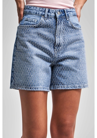 Itsbasic Kadın Mavi Renk Diana T-2s5-4 Parlak Taşlı Mom Fit Midi Boy Tasarım %100 Koton Denim Şort