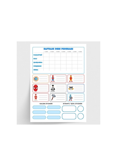 Bimotif Kahraman Figürlü İsimlik, Ders Programı, Kalem Ve Eşya Sticker Seti, Mavi 10 Sayfa