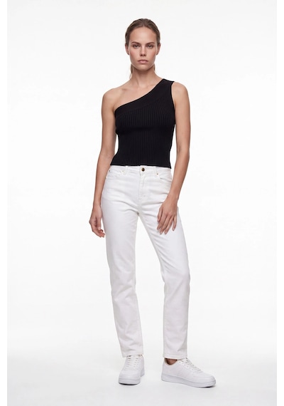 CEMO Kadın Yüksek Bel Mom Fit Düz Paça Jean Pantolon Beyaz