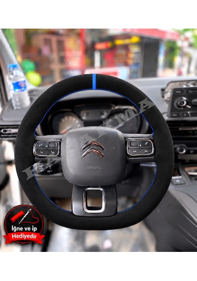 Citroen C4 Cactus Dikme Direksiyon Kılıfı Full Alcantara Süet Mavi Yüzük Ve Mavi Dikiş 2018-2020 Siyah