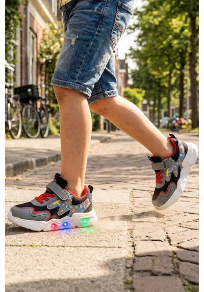 In Step Unisex Çocuk Işıklı Spor Ayakkabı - Siyah Beyaz Dinazor Desenli Cırt Cırtlı
