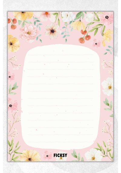 A5 Çiçek Bloknot Çizgili Defter - 50 Yaprak - Memopad - Notepad - Not Defteri - Not Kağıdı Pembe Pembe