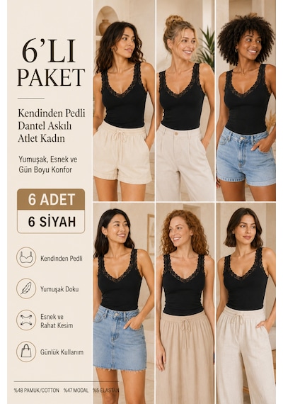 Loule Kadın 6'lı Dantel Detaylı Pedli Toparlayıcı Atlet Siyah