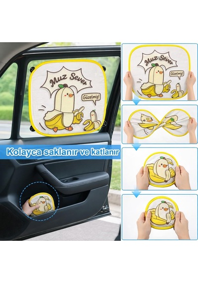 Premium Lüx Ön Cam Yan Cam Perdesi, Araba Ön Cam Perdesi, Otomobil Yan Cam Güneşliği,oto Güneşlik Perde 2 Adet Sarı Beyaz Bananalı Oto Yan Cam Perdesi 12378325