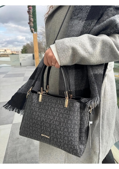 Just Polo Kadın Monogram Baskılı Orijinal El Ve Omuz Çantası Ayarlanabilir Askısıyla 2120mh Siyah