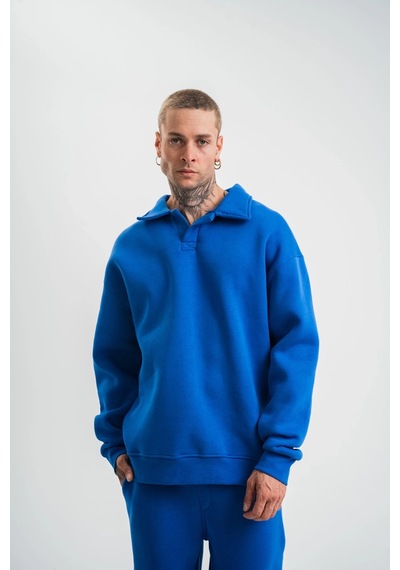 Erkek Patlı Yaka Üç İplik Pamuklu Sweatshirt Double Oversize Rahat Kalıp Günlük Kullanım - Mavi Mavi
