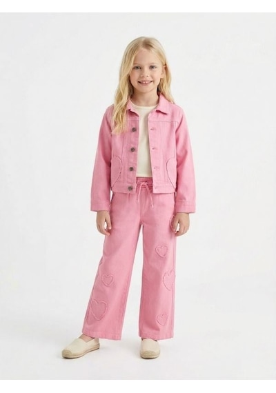 Zekids Kız Çocuk Kalp Detaylı Üçlü Takım Ceket + Bluz + Pantolon -17174 Pembe