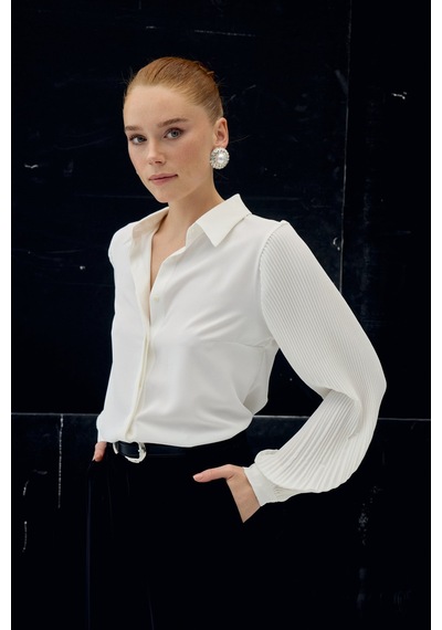 Sateen Plise Kollu Gömlek - Ekru-137087 ekru