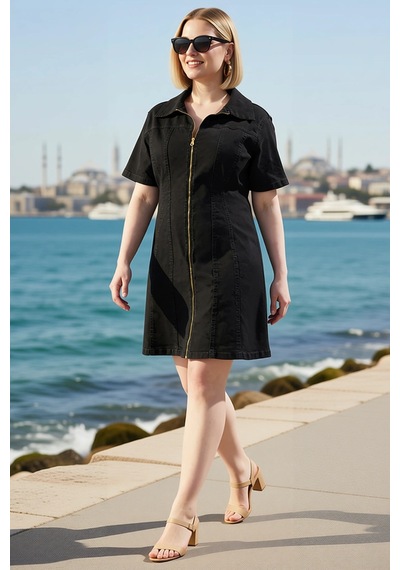 Benerly Kadın Büyük Beden Kısa Kollu Gömlek Yaka Fermuarlı Bodycon Denim Siyah
