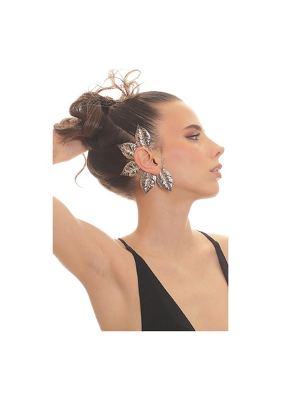 Kadın Gümüş Renk Lak Kaplama Zirkon Taşlı Dokulu Yaprak Stilizesi Sağ Kulak Earcuff&kıkırdak Küpe Çok Renkli