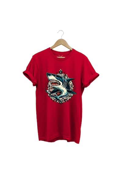 Köpek Balığı Baskılı Deniz Kum Güneş Shark Baskılı Regular Fit %100 Pamuk Kırmızı T-shirt Kırmızı