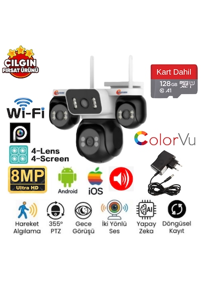 Esvision Es-5804 4kamera 8mp Wi-fi Model Ptz Akıllı Kamera + 128gb Sd Kart Dahil