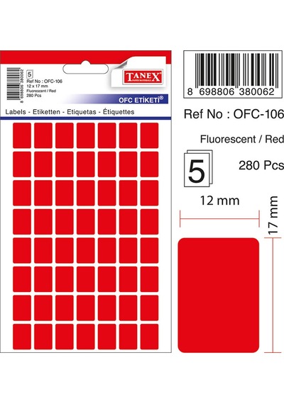Floresan Kırmızı Ofis Etiketi 12MMx17MM 5.Yaprak 280 Etiket