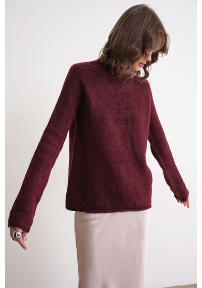 Mixray 6849 Kadın Dikişsiz Dik Yaka Triko Kazak Bordo Bordo