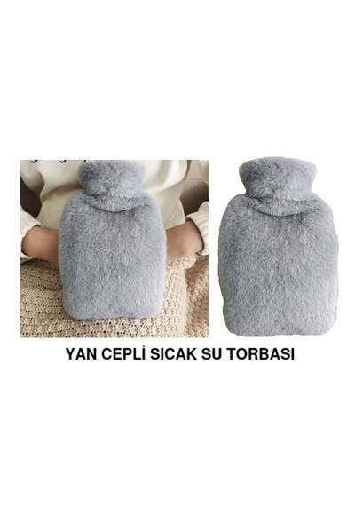 Sıcak Su Torbası Yan Cepli Gri Peluş Termofor 27x17x2cm 750ml